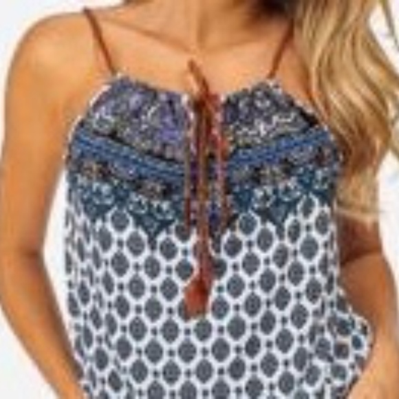 WOMEN'S JUNIORS BLUE PRINTED HALTER NECK JUMPSUIT - Picture 5 of 5